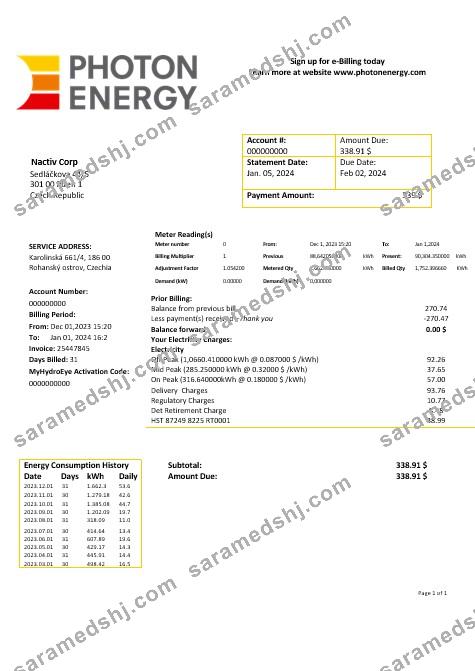 Czech Republic Photon Energy business utility bill template in Word and pdf formats